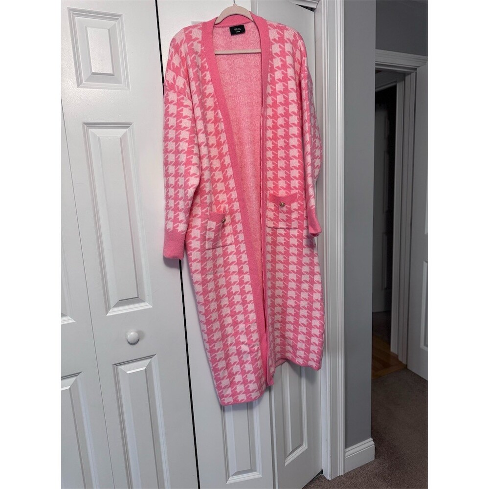 VICI Cardigan Sweater Womens Size L Pink & White Houndstooth Longline